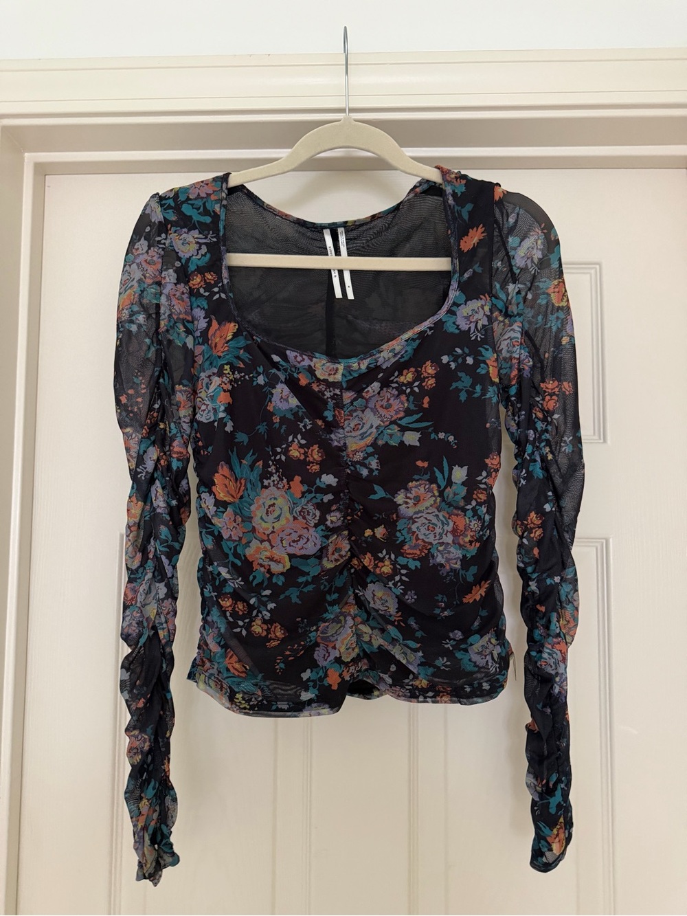 Anthropologie Floral Mesh Long-Sleeve Ruched Top - Black Floral
